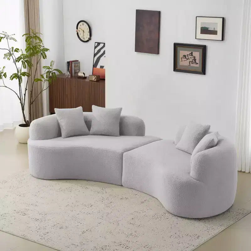 Curved Four Seater Full Compression Sponge Sofa, Teddy Velvet Fabric, No-Assembly Compact Sofa for Small Spaces & Apartments