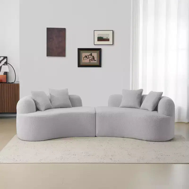 Curved Four Seater Full Compression Sponge Sofa, Teddy Velvet Fabric, No-Assembly Compact Sofa for Small Spaces & Apartments