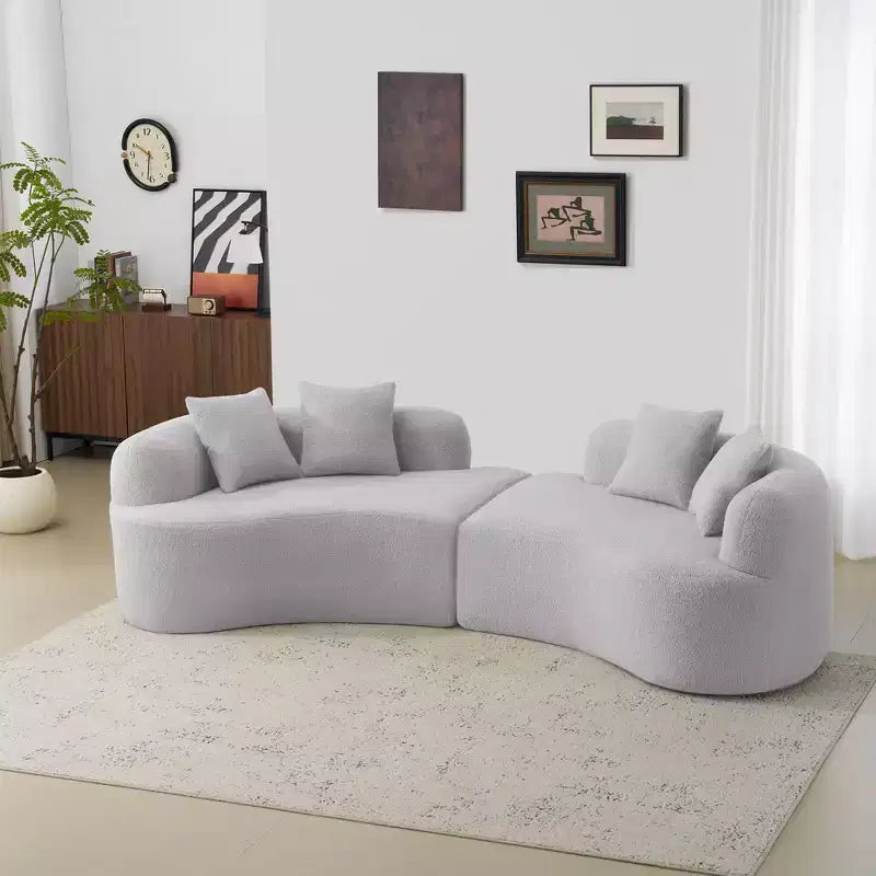 Curved Four Seater Full Compression Sponge Sofa, Teddy Velvet Fabric, No-Assembly Compact Sofa for Small Spaces & Apartments