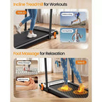 Tapis de marche Akluer avec inclinaison, tapis roulant 2-en-1 sous le bureau et masseur de pieds, tapis roulant silencieux de 2,5 CV avec accoudoir, télécommande d'affichage LED pour bureau à domicile