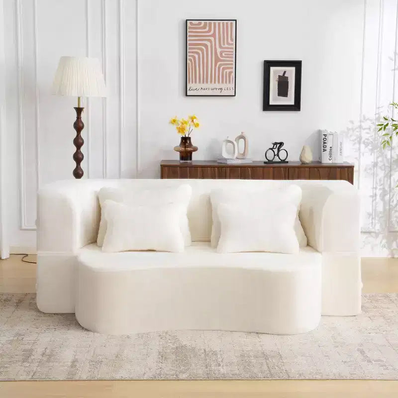 Modern Floor Sofa with 4 Pillows, Plush Fabric Futon Sofa Couch, High-Density Foam Folding Mattress for Living Room