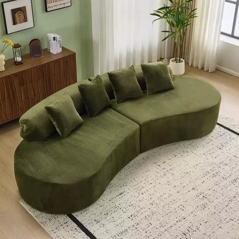 Modern and simple curved flannelette sofa. Creative multi-seater for the living room, with a combination of pillows.