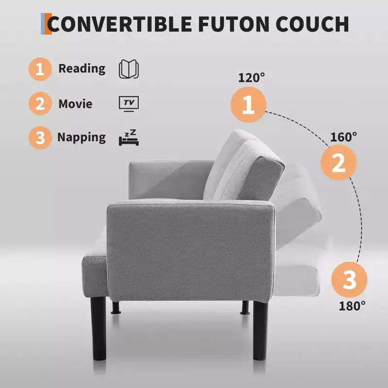 Canapé-lit futon - 2 places, réglable sur 3 positions, convertible, capacité de 317 kg, tissu en lin, compact pour appartements
