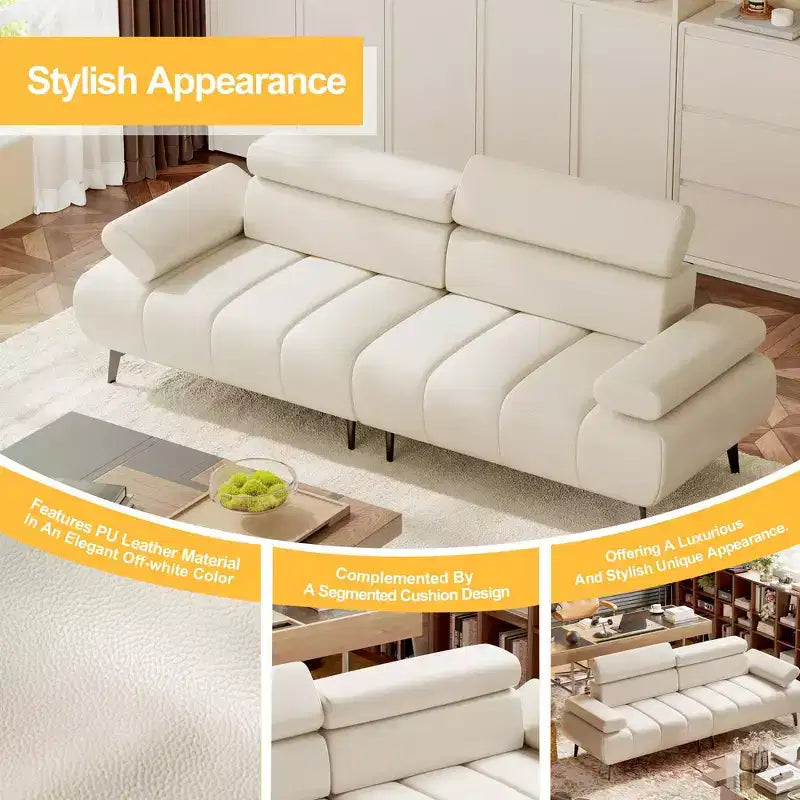 GustoWave 3 Seater Sofa Couch, 6-Level Adjustable Armrests and Headrest, Morden PU Leather Sofas with Two Independent Sofas, Beige