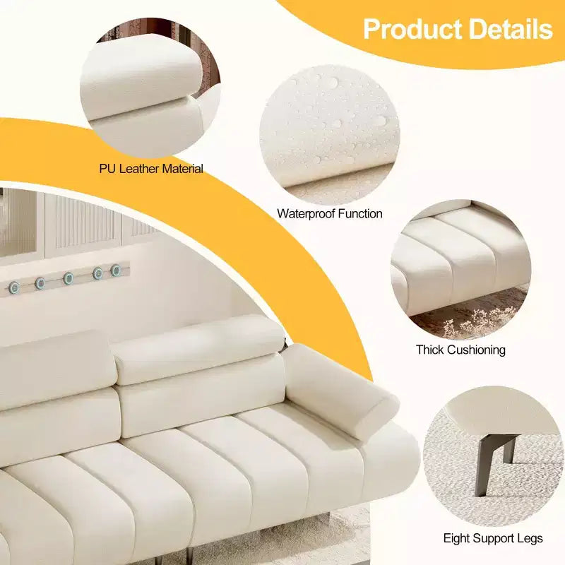 GustoWave 3 Seater Sofa Couch, 6-Level Adjustable Armrests and Headrest, Morden PU Leather Sofas with Two Independent Sofas, Beige