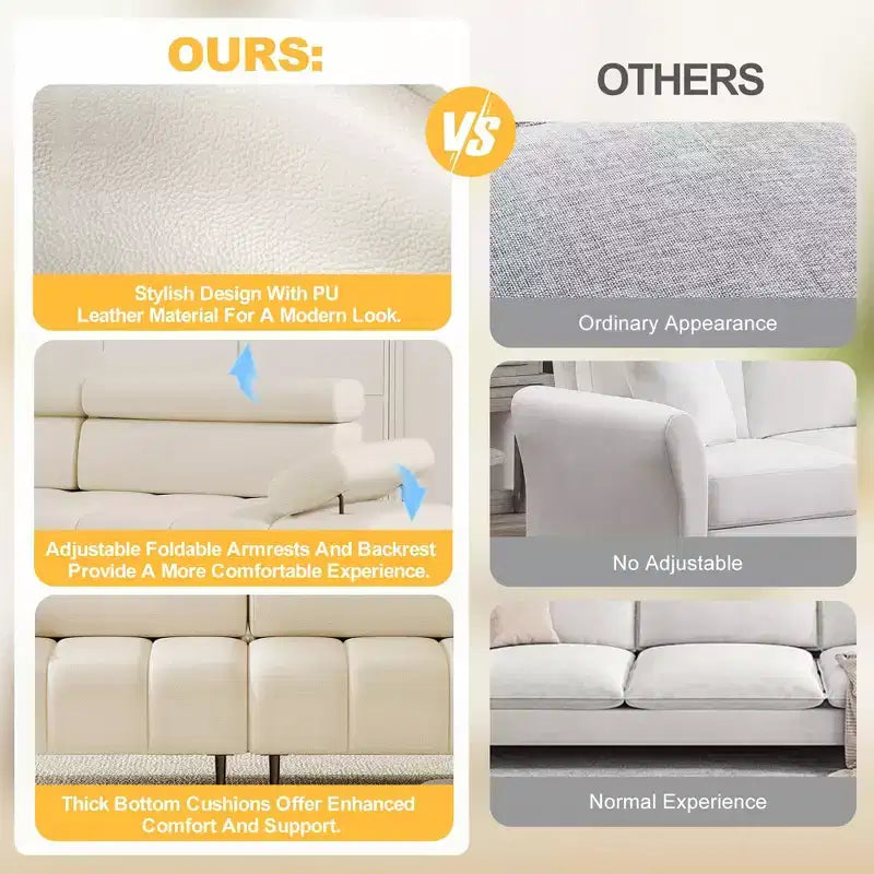 GustoWave 3 Seater Sofa Couch, 6-Level Adjustable Armrests and Headrest, Morden PU Leather Sofas with Two Independent Sofas, Beige