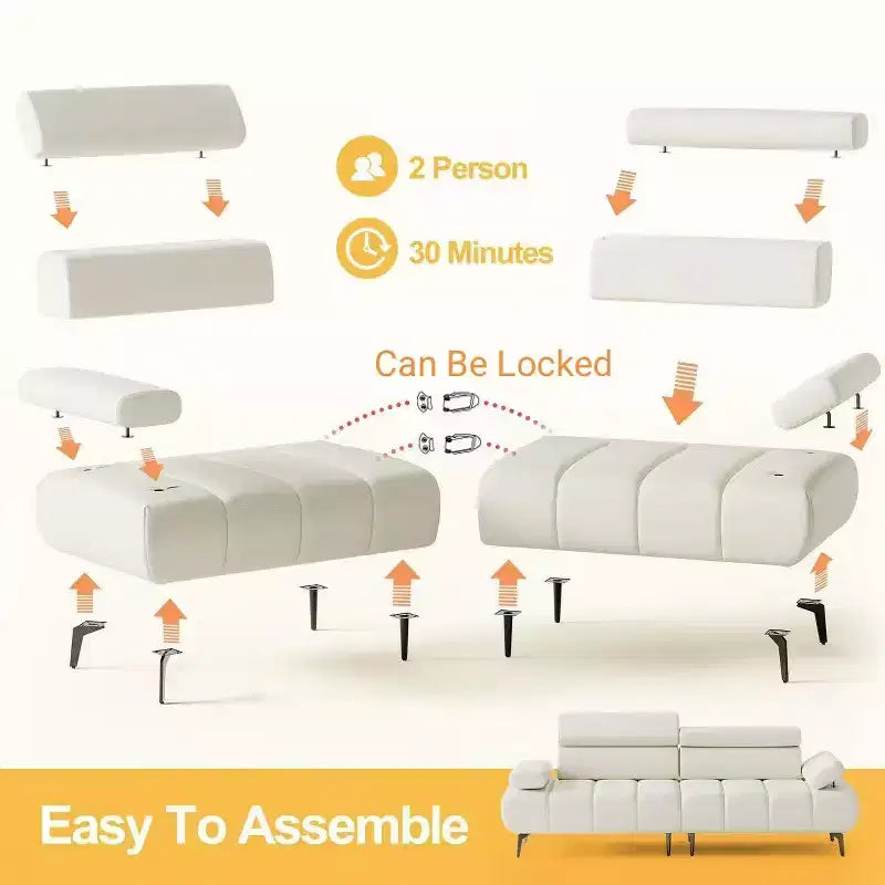 GustoWave 3 Seater Sofa Couch, 6-Level Adjustable Armrests and Headrest, Morden PU Leather Sofas with Two Independent Sofas, Beige