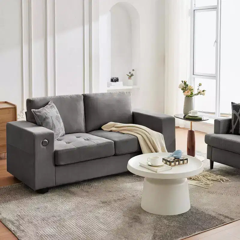 Modern Fabric 2 Seater Couch with Solid Wood Frame, Chenille Loveseat Sofa with Wide Armrest, Removable Sofa Cushion