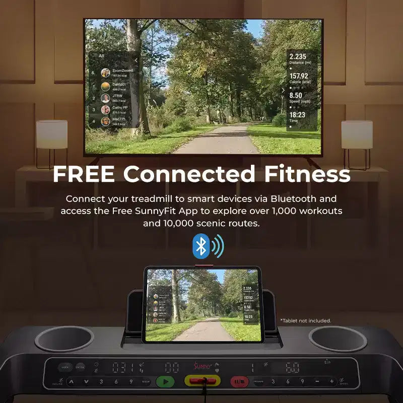 Tapis de course pliable intelligent Sunny Health & Fitness avec 15 niveaux d'inclinaison automatique, tapis de course large de 50 cm et connectivité Bluetooth via l'application SunnyFit