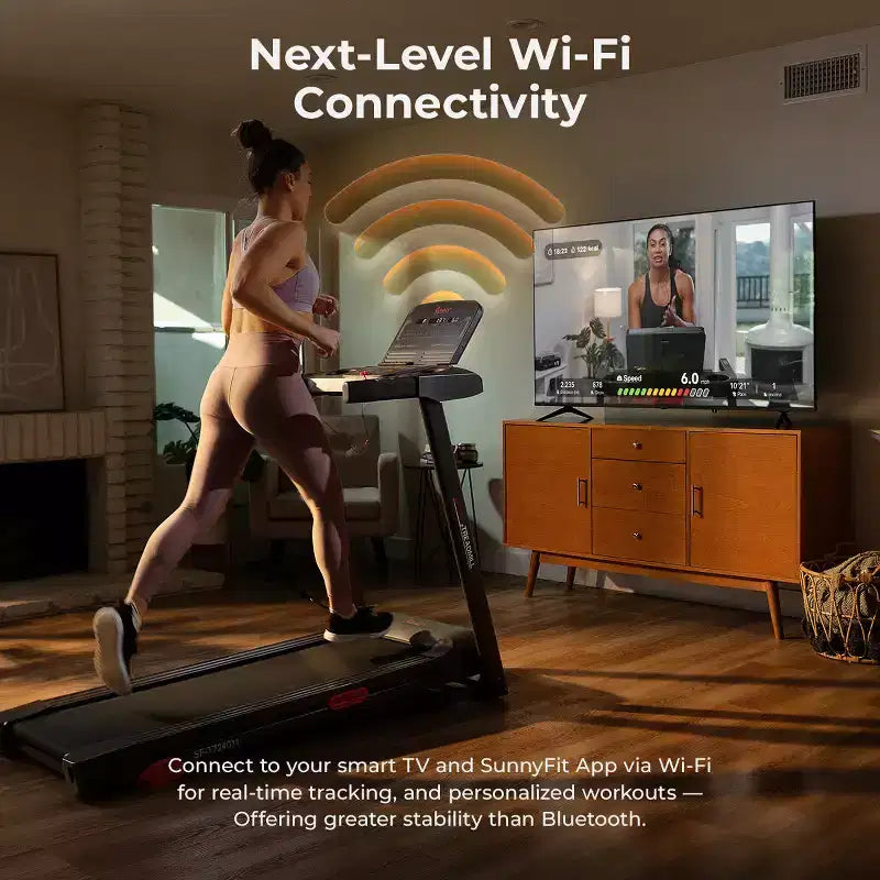 Tapis de course intelligent Sunny Health & Fitness Active 300 avec Wi-Fi, inclinaison manuelle à 3 niveaux, absorption des chocs et connectivité à l'application SunnyFit