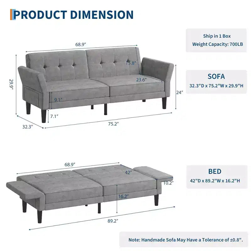 89 Inch Futon Sofa Bed, Modern Sleeper Couch with Adjustable Backrest & Armrest, Convertible Futon Couch for Living Room, Bedroom, Apartments