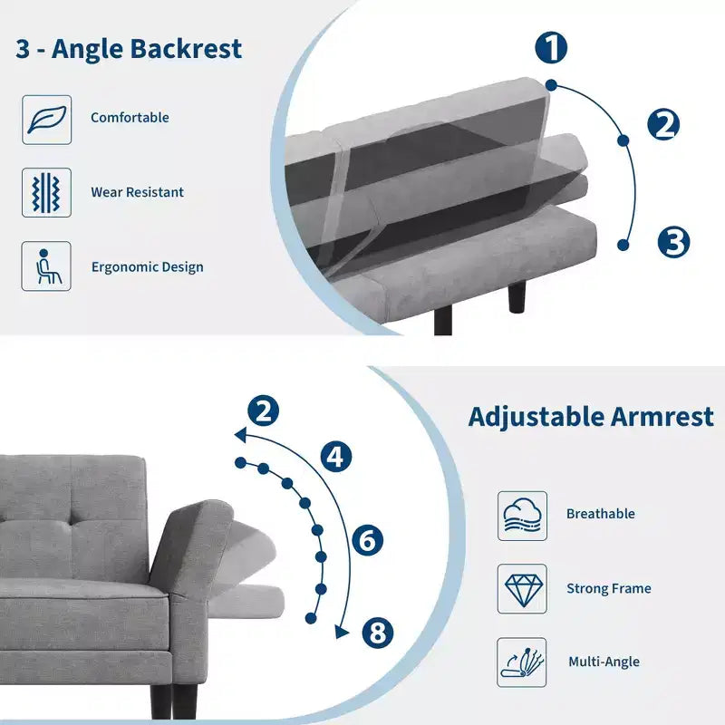 89 Inch Futon Sofa Bed, Modern Sleeper Couch with Adjustable Backrest & Armrest, Convertible Futon Couch for Living Room, Bedroom, Apartments