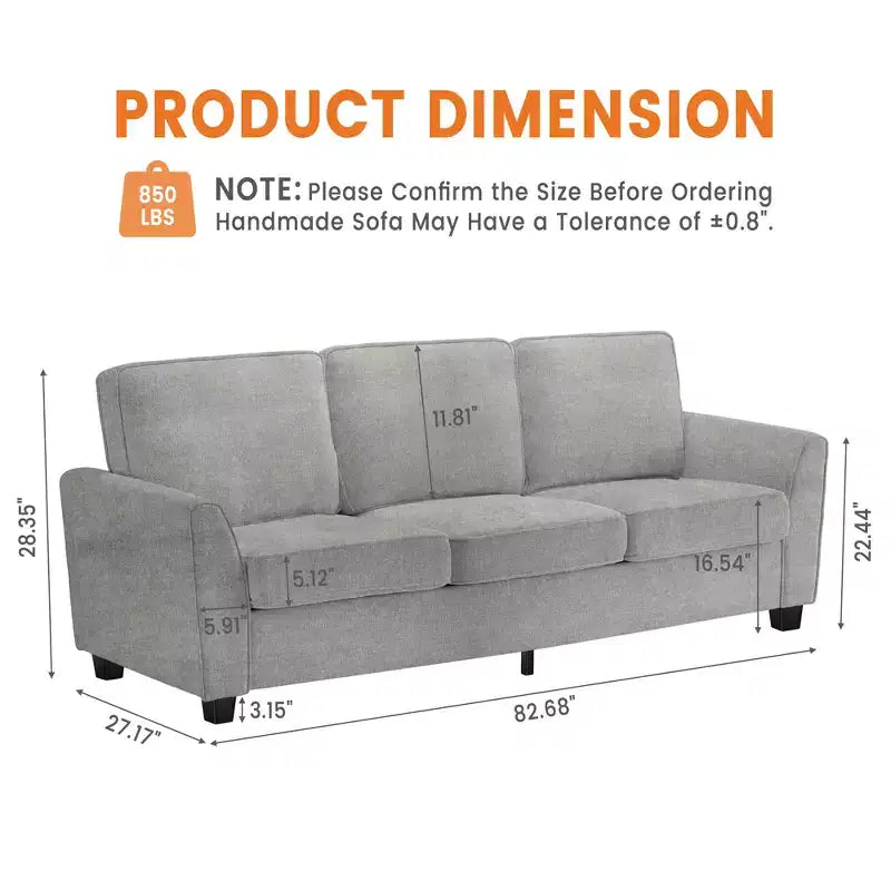 83 Inch Modern 3 Seater Sofa,Deep Seat Couch with Washable Detatchable Covers,Comfy Chenille Couch,Oversized Cloud Sofa for Living Room,Apartment