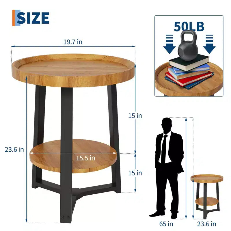 Table d'appoint ronde à 2 niveaux avec étagère de rangement, table d'appoint en bois et métal pour salon et chambre, pour petits espaces, montage facile