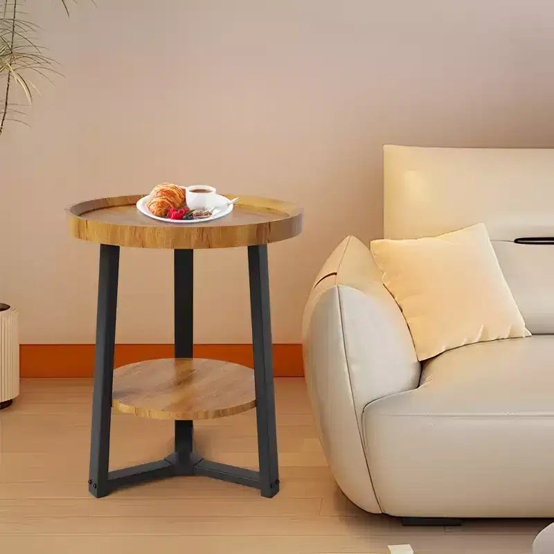 Table d'appoint ronde à 2 niveaux avec étagère de rangement, table d'appoint en bois et métal pour salon et chambre, pour petits espaces, montage facile