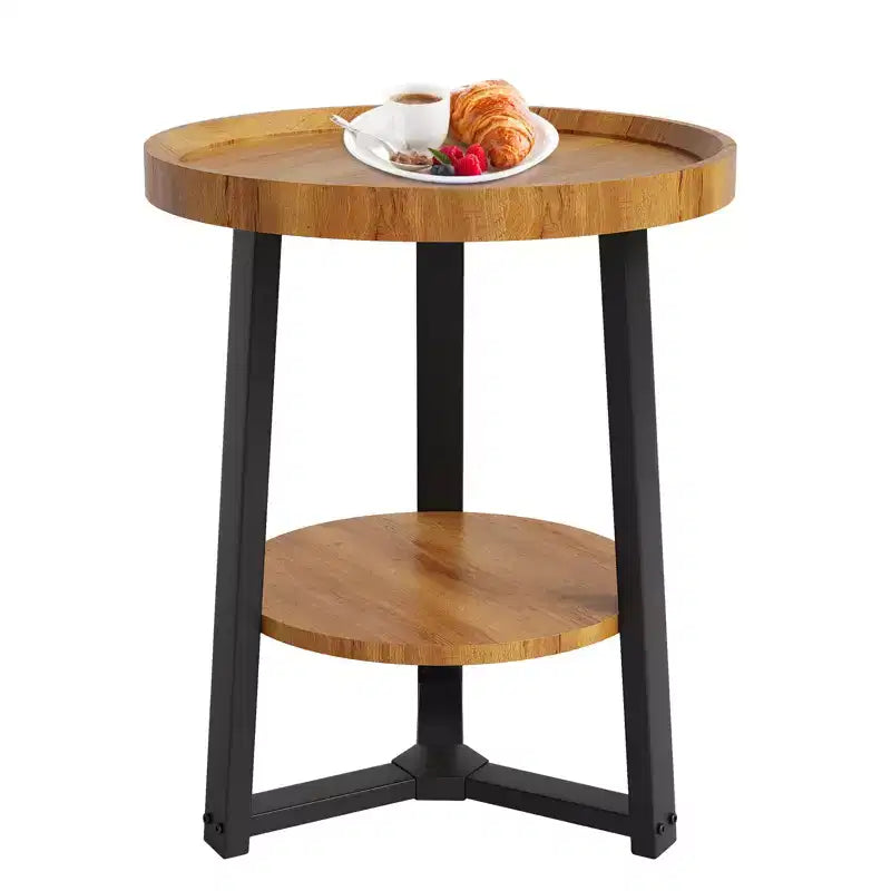 Table d'appoint ronde à 2 niveaux avec étagère de rangement, table d'appoint en bois et métal pour salon et chambre, pour petits espaces, montage facile