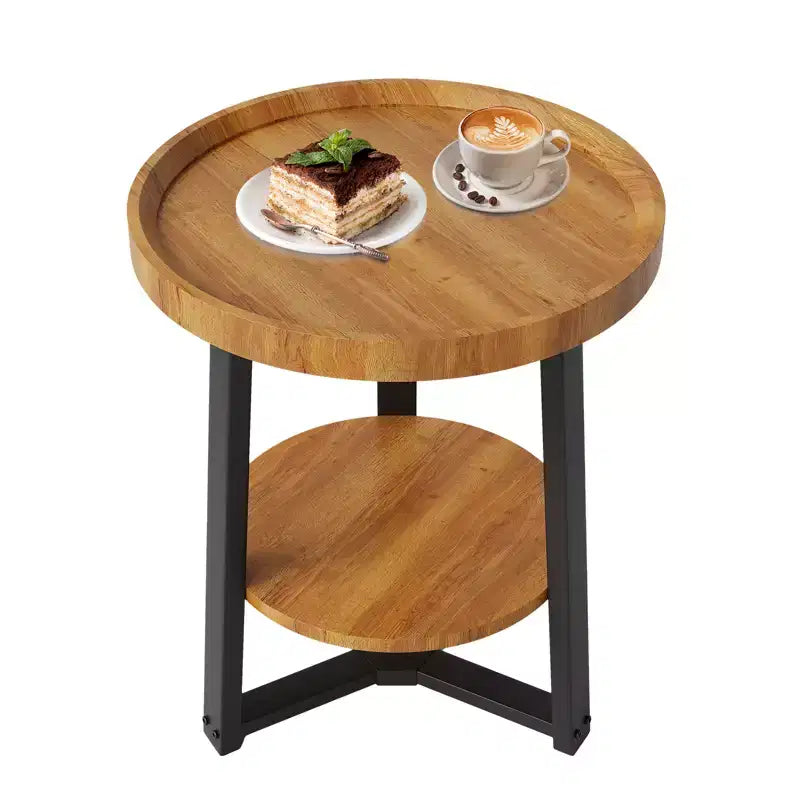 Table d'appoint ronde à 2 niveaux avec étagère de rangement, table d'appoint en bois et métal pour salon et chambre, pour petits espaces, montage facile