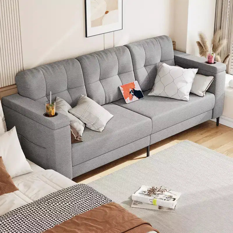 Canapé de salon, 213 cm avec accoudoirs de rangement, petit canapé douillet en molleton Teddy avec porte-gobelets et poches latérales pratiques pour appartement
