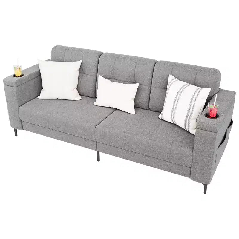 Sofas for Living Room, 84 Inch with Storage Armrests, Comfy Teddy Fleece Small Couch with Cup Holders and Convenient Side Pockets for Apartment