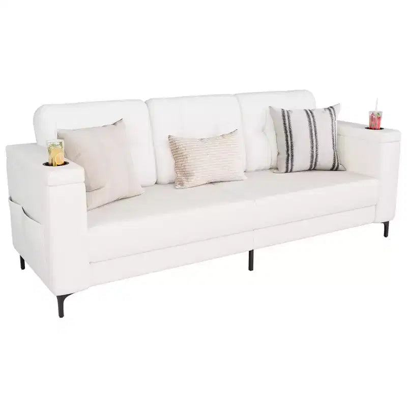Sofas for Living Room, 84 Inch with Storage Armrests, Comfy Teddy Fleece Small Couch with Cup Holders and Convenient Side Pockets for Apartment