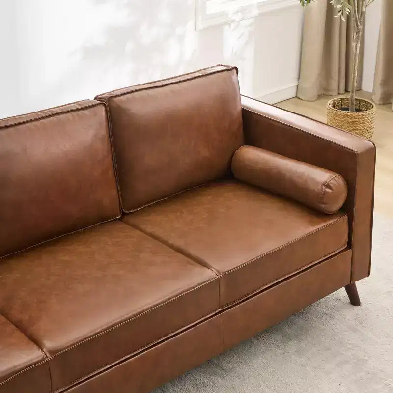 GustoWave 80'' Mid-Century Modern Couch, 3-Seat Faux Leather Sofa with Upholstered Cushions/Pillows for Living Room, Brown