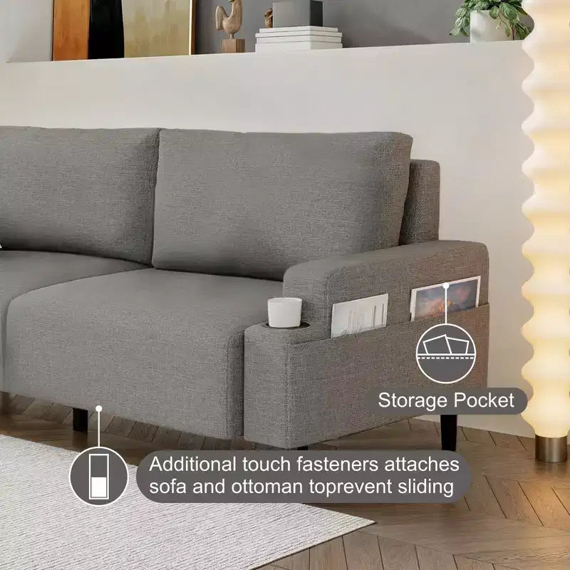 GustoWave Canapé moderne 203 cm - Causeuse avec porte-gobelets et poches latérales, canapé profond pour salon