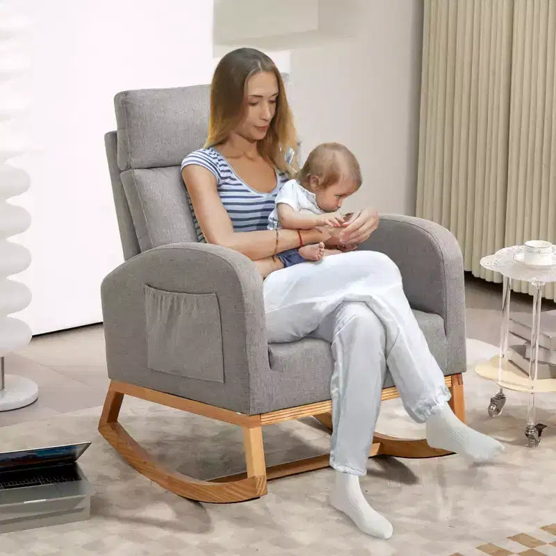 Rocking Chair Nursery, Upholstered Glider Chair with Side Pocket, High Back Comfy Accent Chair with Rubber Wood Legs for Bedroom Living Room