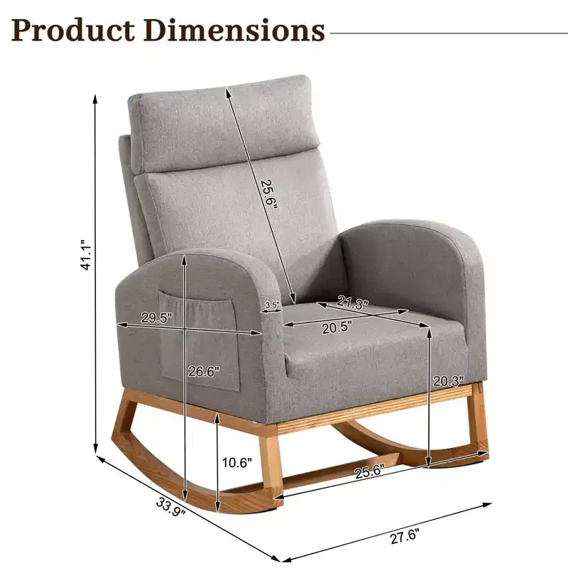 Rocking Chair Nursery, Upholstered Glider Chair with Side Pocket, High Back Comfy Accent Chair with Rubber Wood Legs for Bedroom Living Room