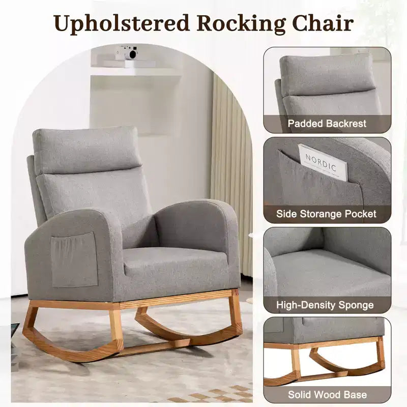 Rocking Chair Nursery, Upholstered Glider Chair with Side Pocket, High Back Comfy Accent Chair with Rubber Wood Legs for Bedroom Living Room