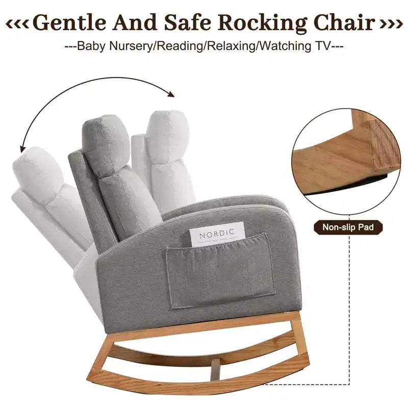 Rocking Chair Nursery, Upholstered Glider Chair with Side Pocket, High Back Comfy Accent Chair with Rubber Wood Legs for Bedroom Living Room