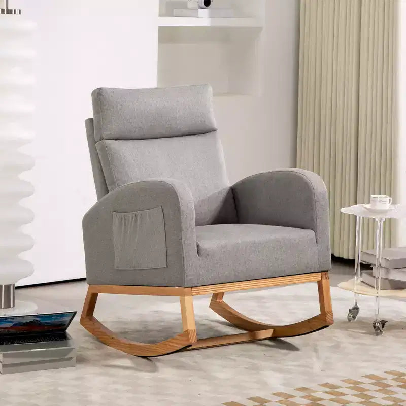 Rocking Chair Nursery, Upholstered Glider Chair with Side Pocket, High Back Comfy Accent Chair with Rubber Wood Legs for Bedroom Living Room