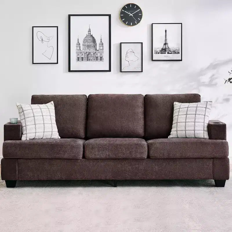 GustoWave 89 Chenille 3-Seater Sofa with Cup Holders & Storage Pockets - Deep Seat Living Room Couch for Small Spaces