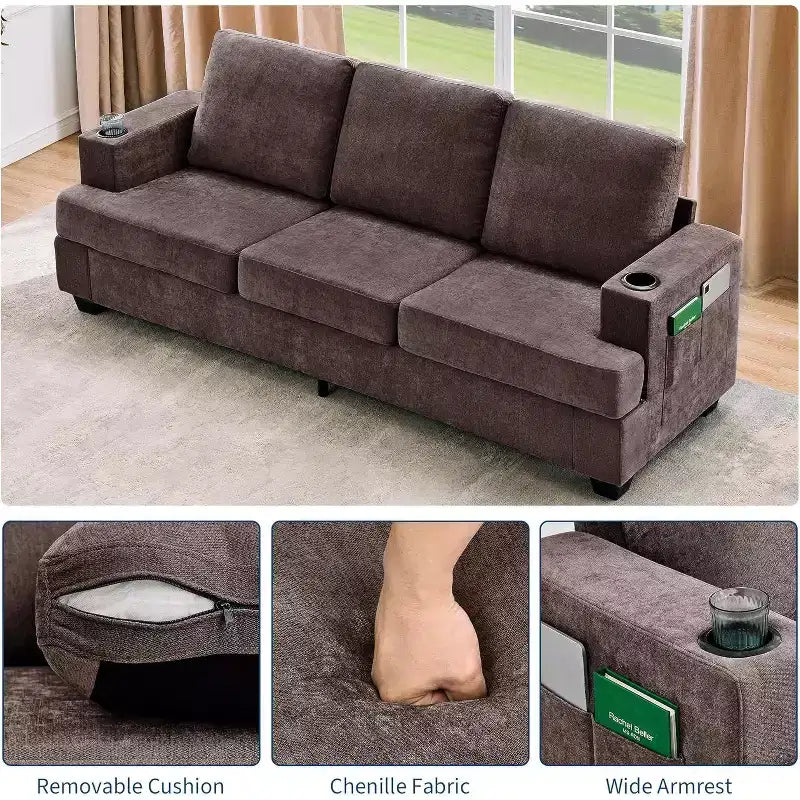 GustoWave 89 Chenille 3-Seater Sofa with Cup Holders & Storage Pockets - Deep Seat Living Room Couch for Small Spaces