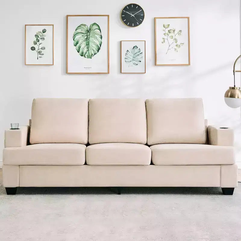 GustoWave 89 Chenille 3-Seater Sofa with Cup Holders & Storage Pockets - Deep Seat Living Room Couch for Small Spaces