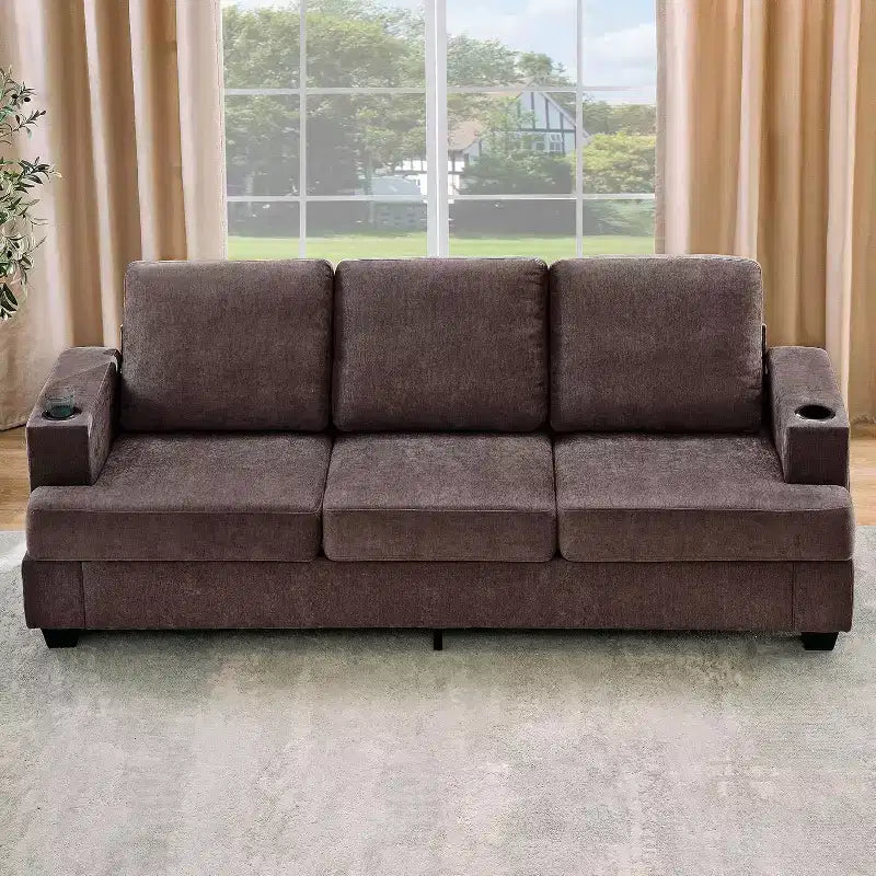 GustoWave 89 Chenille 3-Seater Sofa with Cup Holders & Storage Pockets - Deep Seat Living Room Couch for Small Spaces