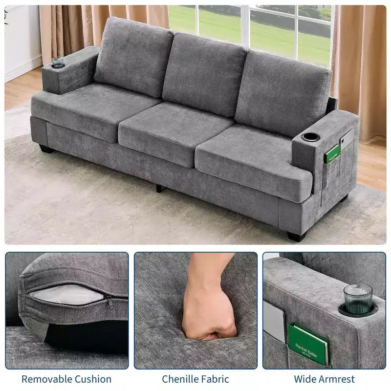 GustoWave 89 Chenille 3-Seater Sofa with Cup Holders & Storage Pockets - Deep Seat Living Room Couch for Small Spaces