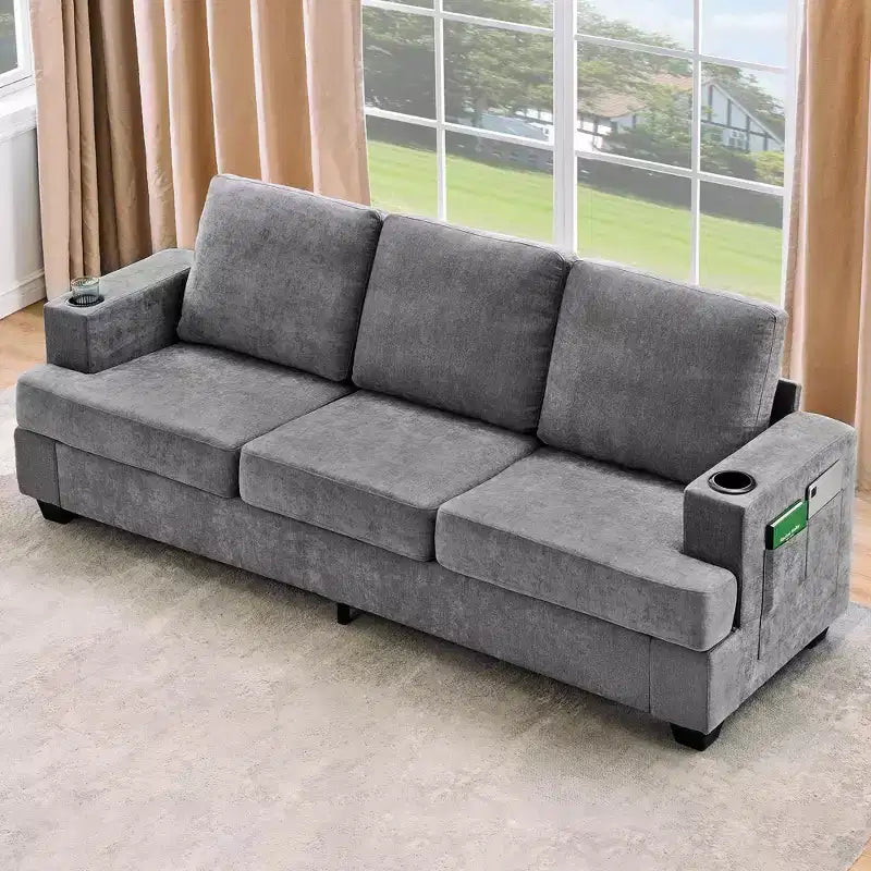 GustoWave 89 Chenille 3-Seater Sofa with Cup Holders & Storage Pockets - Deep Seat Living Room Couch for Small Spaces
