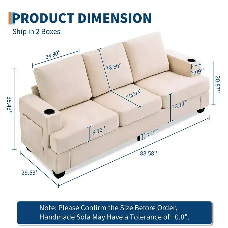 GustoWave 89 Chenille 3-Seater Sofa with Cup Holders & Storage Pockets - Deep Seat Living Room Couch for Small Spaces