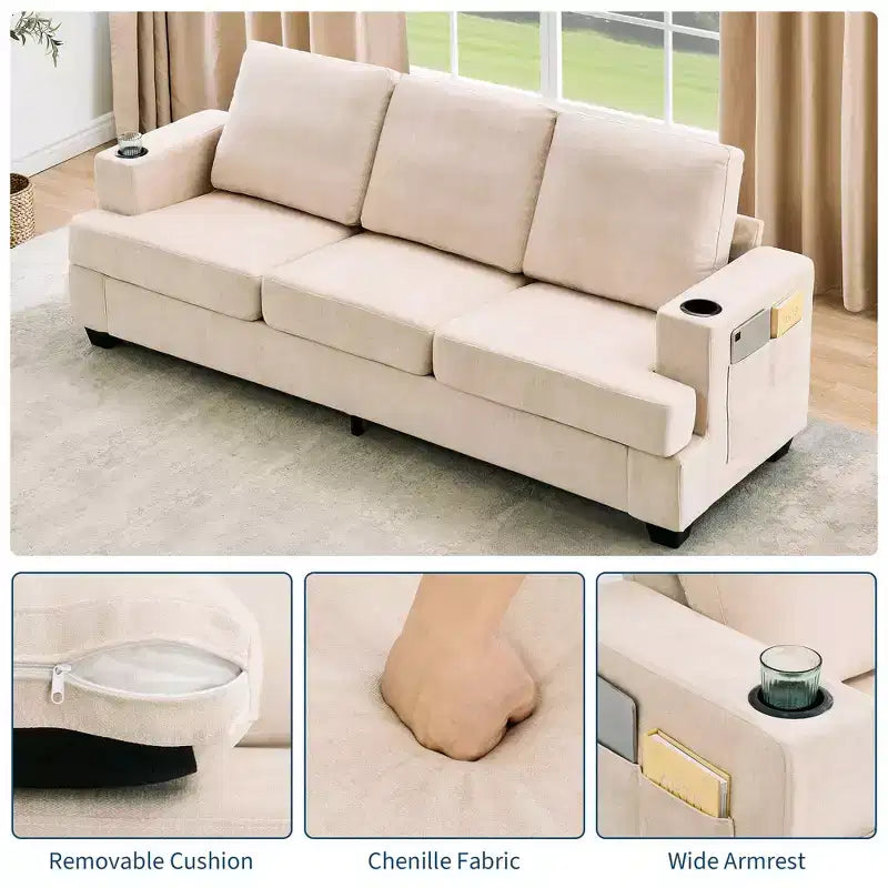 GustoWave 89 Chenille 3-Seater Sofa with Cup Holders & Storage Pockets - Deep Seat Living Room Couch for Small Spaces