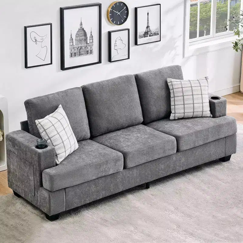 GustoWave 89 Chenille 3-Seater Sofa with Cup Holders & Storage Pockets - Deep Seat Living Room Couch for Small Spaces