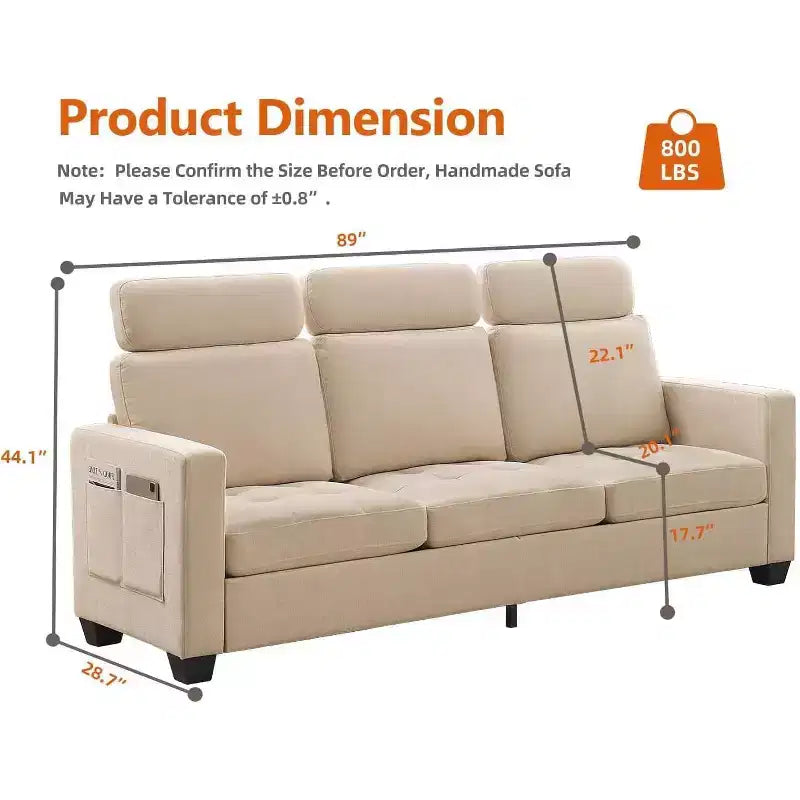 GustoWave Canapé moderne en tissu 89 places pour salon, canapé rembourré en chenille avec housse et appuie-tête amovibles, accoudoirs larges,