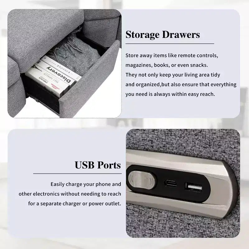 CLIHOME 89 Canapé d'angle inclinable électrique Canapé inclinable de cinéma maison avec deux ports USB, deux tiroirs de rangement