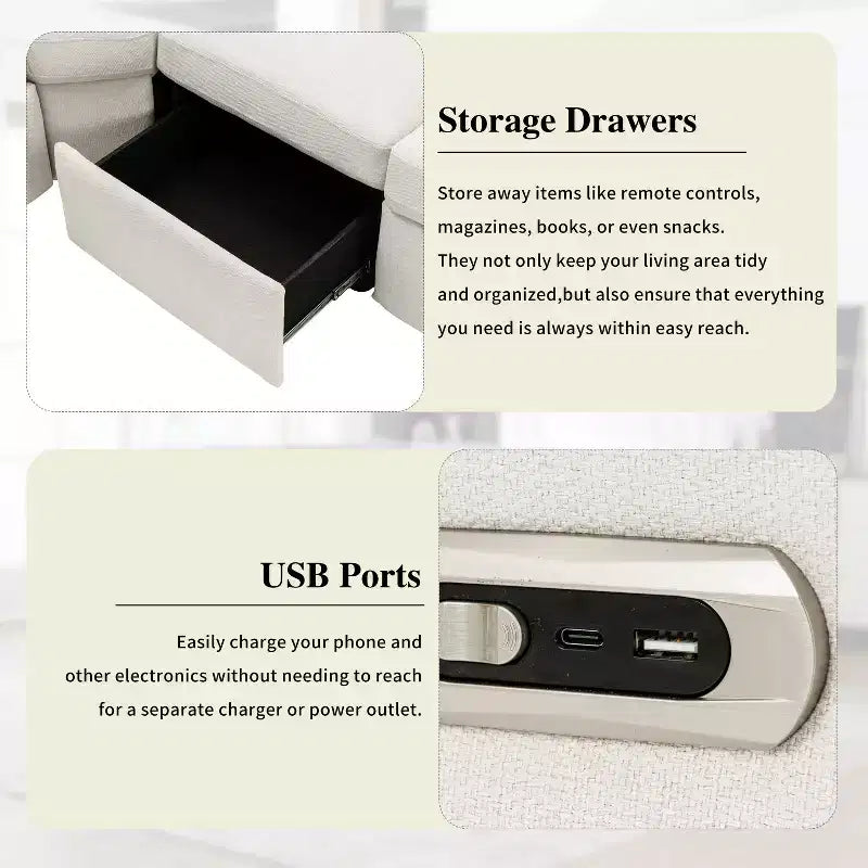 CLIHOME 89 Canapé d'angle inclinable électrique Canapé inclinable de cinéma maison avec deux ports USB, deux tiroirs de rangement