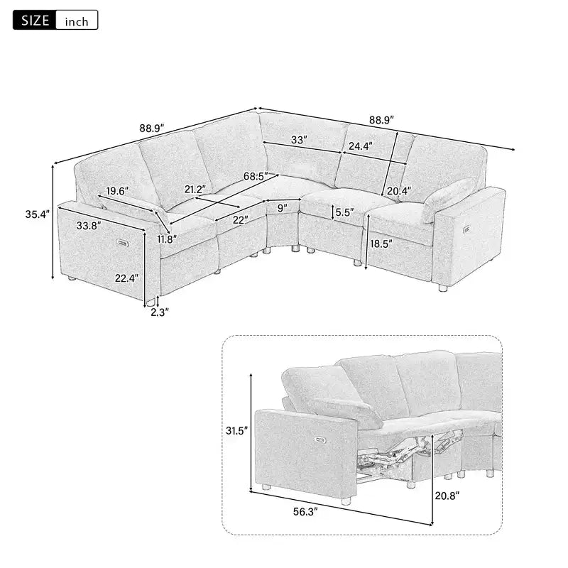 CLIHOME 89 Canapé d'angle inclinable électrique Canapé inclinable de cinéma maison avec deux ports USB, deux tiroirs de rangement