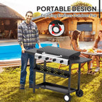 Plancha à gaz propane ROVSUN 2 brûleurs avec allumage, couvercle et régulateur, barbecue portable 20000 BTU pour jardin, terrasse, camping, cuisson en extérieur