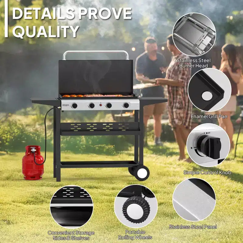 Plancha à gaz propane ROVSUN 2 brûleurs avec allumage, couvercle et régulateur, barbecue portable 20000 BTU pour jardin, terrasse, camping, cuisson en extérieur