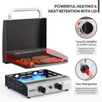 Plancha à gaz propane ROVSUN 2 brûleurs avec allumage, couvercle et régulateur, barbecue portable 20000 BTU pour jardin, terrasse, camping, cuisson en extérieur
