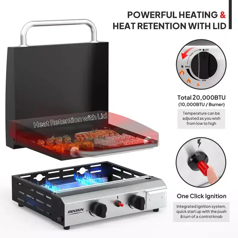 Plancha à gaz propane ROVSUN 2 brûleurs avec allumage, couvercle et régulateur, barbecue portable 20000 BTU pour jardin, terrasse, camping, cuisson en extérieur