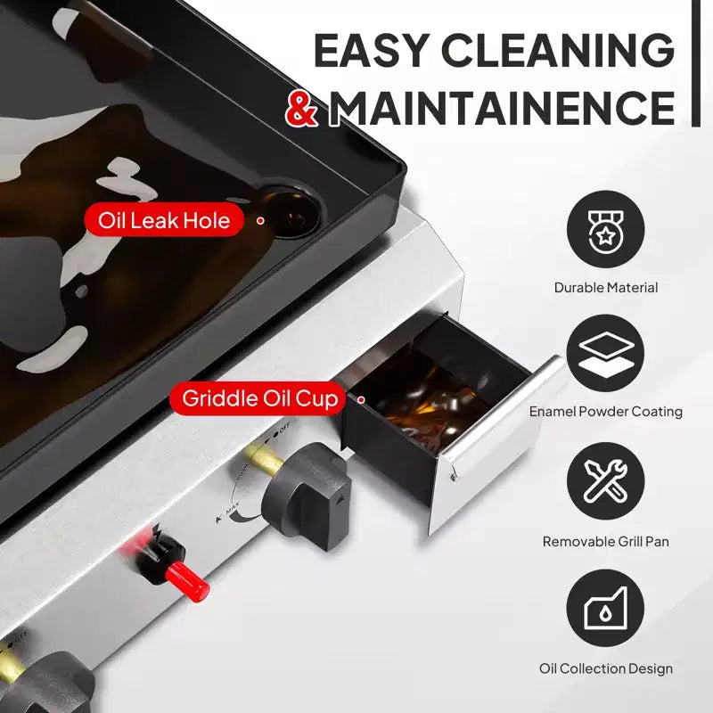 Plancha à gaz propane ROVSUN 2 brûleurs avec allumage, couvercle et régulateur, barbecue portable 20000 BTU pour jardin, terrasse, camping, cuisson en extérieur