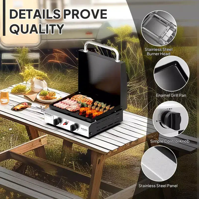 Plancha à gaz propane ROVSUN 2 brûleurs avec allumage, couvercle et régulateur, barbecue portable 20000 BTU pour jardin, terrasse, camping, cuisson en extérieur